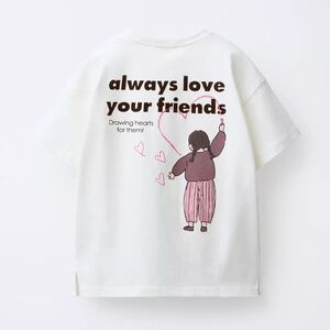 Zara Kids Friendship Tee - White with Pink and Brown Design